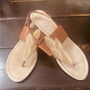 Impo Brown and Tan Sandals with Gold Leaf Detail